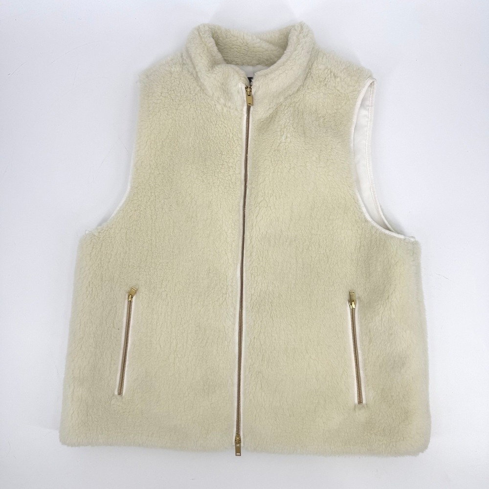 J.Crew Faux Fur Fleece Vest Womens XL Cream Excellent Full Zip Gold Hardware